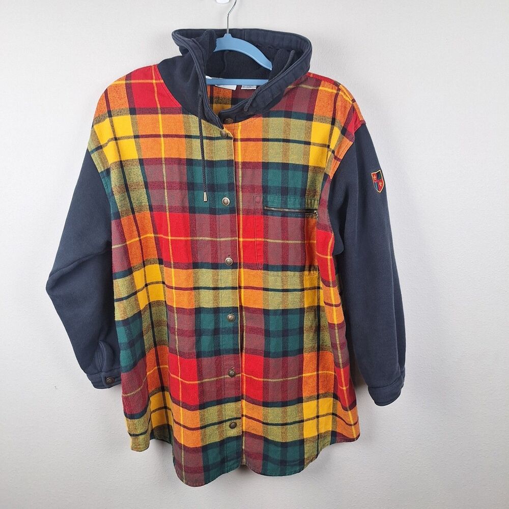 Chaus Sport Women's Large Plaid Button-Up Hooded Pullover Hoodie